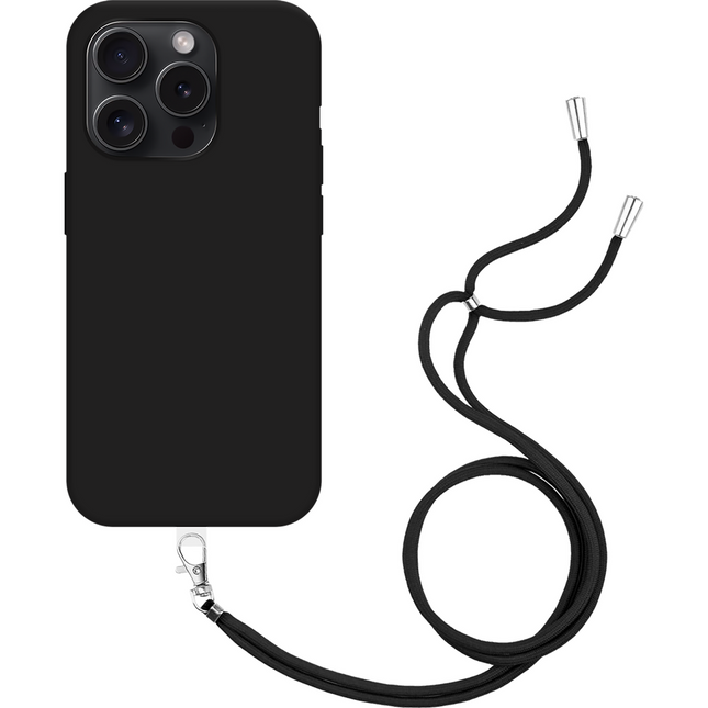 Lanyard Case iPhone 15 Pro zwart met koord, vooraanzicht