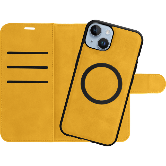 Casebump PrimeWallet SnapOn Case geel met afneembaar kaartenetui om de iPhone 15 - vooraanzicht