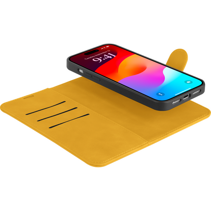 PrimeWallet SnapOn Case - iPhone 15 - Detachable PU leather Wallet Case - (compatible with MagSafe) - Yellow