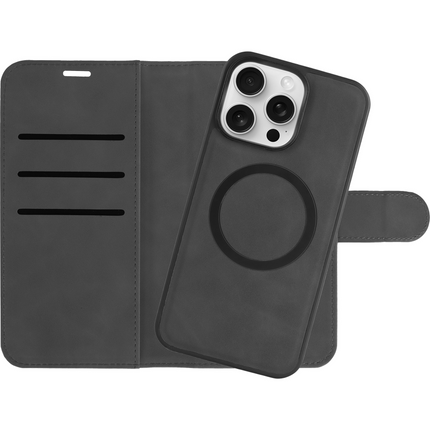 PrimeWallet SnapOn Case - iPhone 15 Pro Max - Detachable PU leather Wallet Case - (compatible with MagSafe) - Black