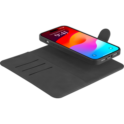 PrimeWallet SnapOn Case - iPhone 15 Pro Max - Detachable PU leather Wallet Case - (compatible with MagSafe) - Black