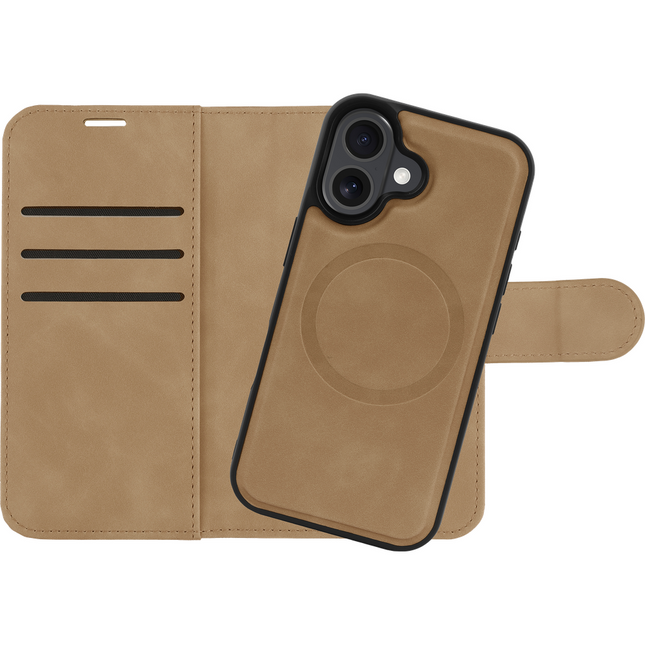 PrimeWallet SnapOn Case iPhone 16 in taupe, volledige bookcase vooraanzicht