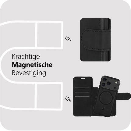 PrimeWallet SnapOn Case - iPhone 17 Pro - Detachable PU leather Wallet Case - (compatible with MagSafe) - Black