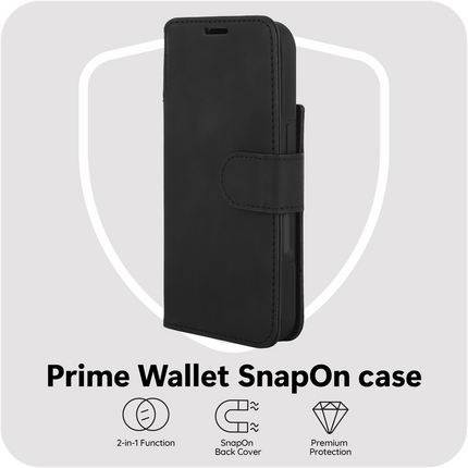 PrimeWallet SnapOn Case - iPhone 17 Pro Max - Detachable PU leather Wallet Case - (compatible with MagSafe) - Black