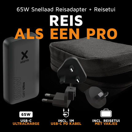 Xtorm 65W GaN3 Ultra Fast Travel Charger + Cable + Essentials Bag - (EU/US/UK Plug) - XA031