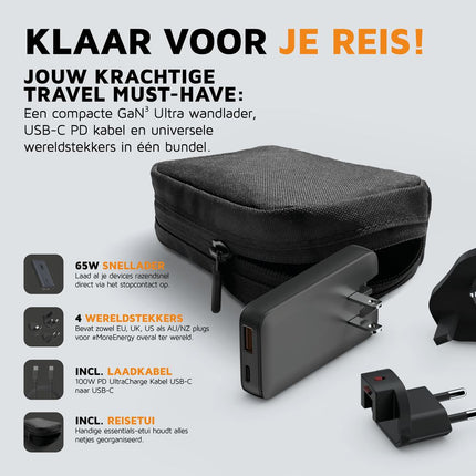 Xtorm 65W GaN3 Ultra Fast Travel Charger + Cable + Essentials Bag - (EU/US/UK Plug) - XA031